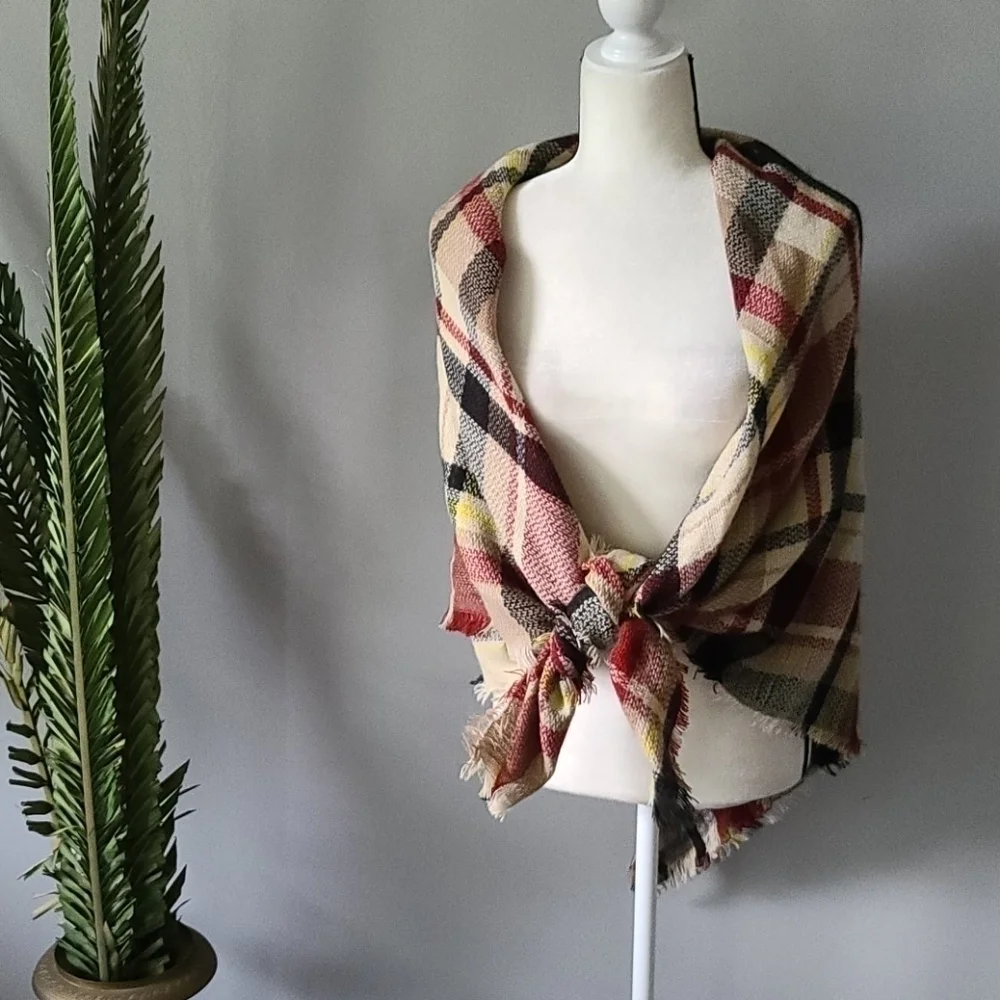 Black, red, & tan plaid square blanket scarf NWOT